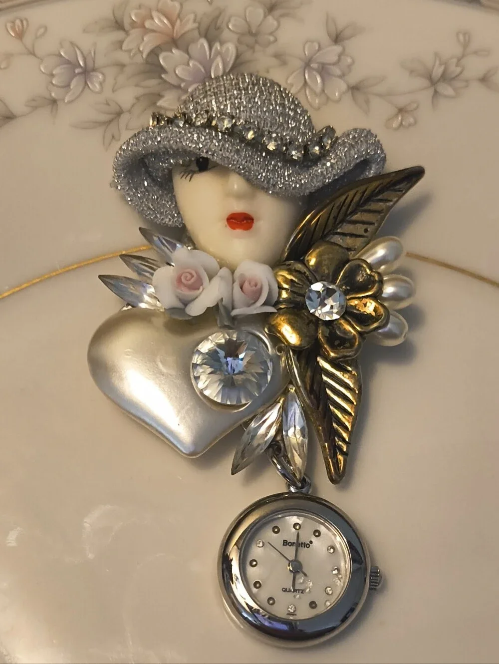 Vtg 80s Art Deco Silver Tone Lady Bonetto Watch Brooch Multicolor W/ Rhinestones